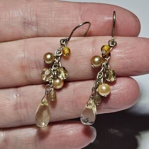 Silver Tone Dainty Dangling Glass Beaded Earrings Brown Tan Faux Pearl
